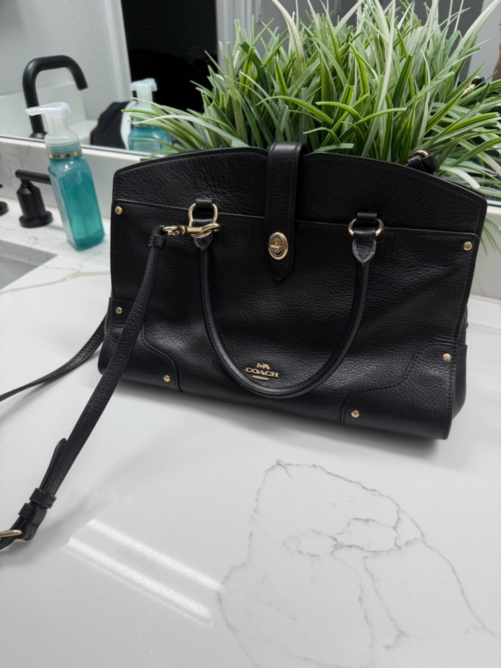 Coach Black Pebbled Leather Satchel with Gold Hardware Accents